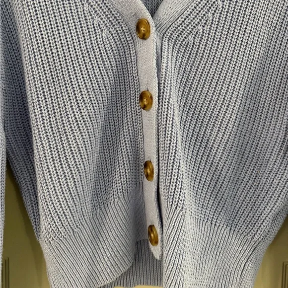 J. Crew Cotton Cropped V-Neck Cardigan Sweater Chunky Rib Knit Watercolor Blue - Picture 3 of 5
